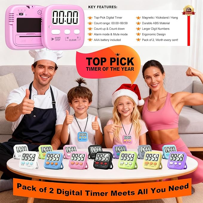 Antonki 2 Pack Digital Timer for Kids, Magnetic Countdown Kitchen Timers for Cooking, Egg, Classroom, Teacher, Exercise, Study, Oven - Battery Included