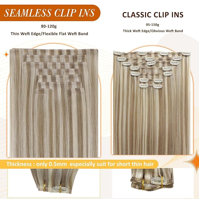 Full Shine Clip in Hair Extensions Human Hair Dark Blonde Mix Light Blonde Seamless Hair Extension Clip ins PU Weft for Women 20 Inch 8 PCS 120 Grams
