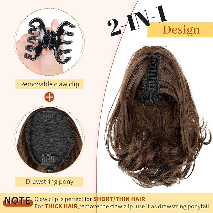 KooKaStyle Ponytail Extension, 10" Short Claw Clip in Pony Tails Hair Extensions Curly Wavy Synthetic Drawstring Hairpieces for Women(Mocha Brown)