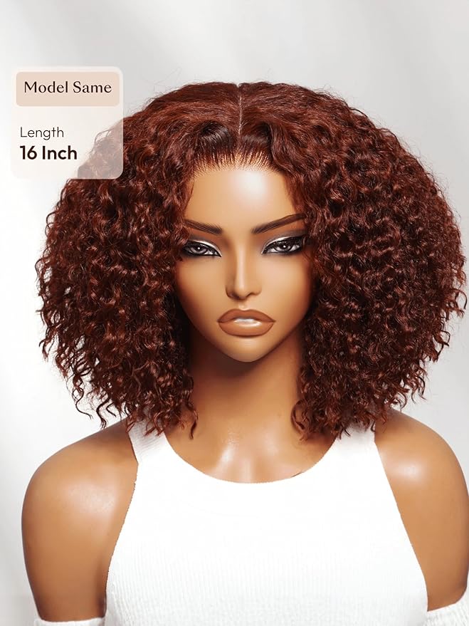 Julia Hair Reddish Brown Glueless Jerry Curly Human Hair Invisi-Drawstring Wig Auburn Pre Cut 7x5 Lace Front Wigs Pre Plucked Bleached Pre Cut Lace Closure Natural Hairline Put On and Go 24 Inch