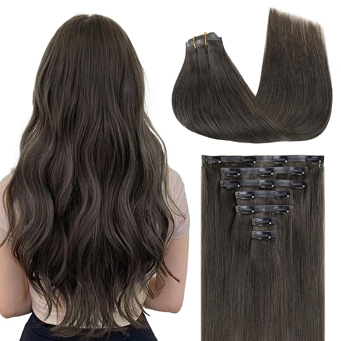 GOO GOO Clip in Hair Extensions Real Human Hair, Remy Human Hair Extensions Clip ins for Women, Natural Human Hair, 16inch 130g 7Pcs, 1C Mocha Brown