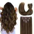 GOO GOO Clip in Hair Extensions Real Human Hair, Remy Human Hair Extensions Clip ins for Women, Natural Human Hair, 16inch 120g 7Pcs, 2C/4E/6C Brown Sugar Swirl Highlights