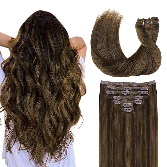 GOO GOO Clip in Hair Extensions Real Human Hair, Remy Human Hair Extensions Clip ins for Women, Natural Human Hair, 16inch 120g 7Pcs, 2C/4E/6C Brown Sugar Swirl Highlights