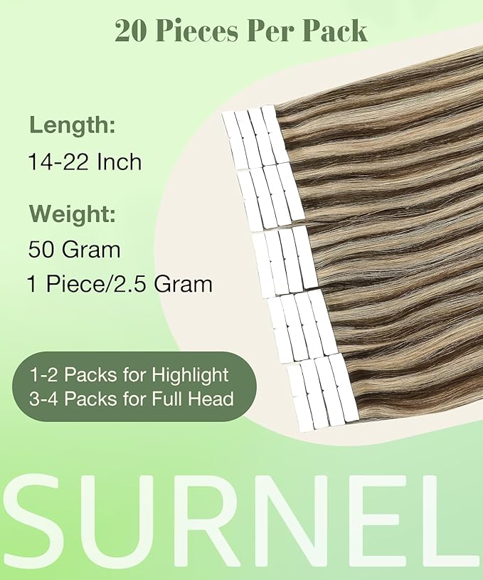 SURNEL Tape in Hair Extensions 18 inch Chocolate Brown Highlighted Caramel Blonde Tape in Hair Extensions Human Hair 20 pcs 50g(#4P27-18)