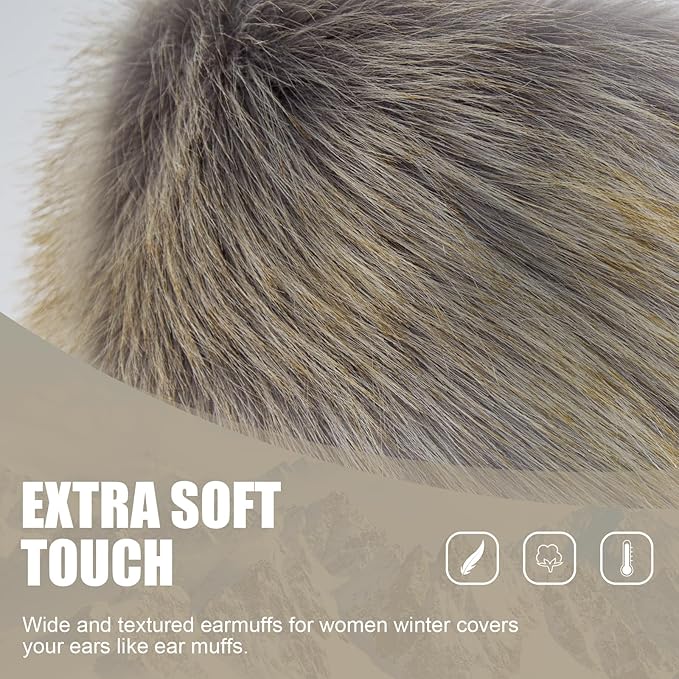 Faux Fur Headband for Women Elastic Fuzzy Thick Earmuffs Winter Headwrap Ear Muffs Furry Ear Warmers Cold Weather (Silver)