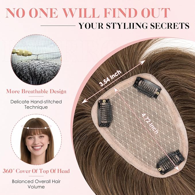 Hairro Human Hair Toppers with Wispy Bangs, 3.5x4.7" Hand-wovened Base for Women with Thinning Hair, Lightweight & Breathable Realistic Scalp, Clip-in Hairpieces for Easy Wear, 12 Inch Cocoa Brown