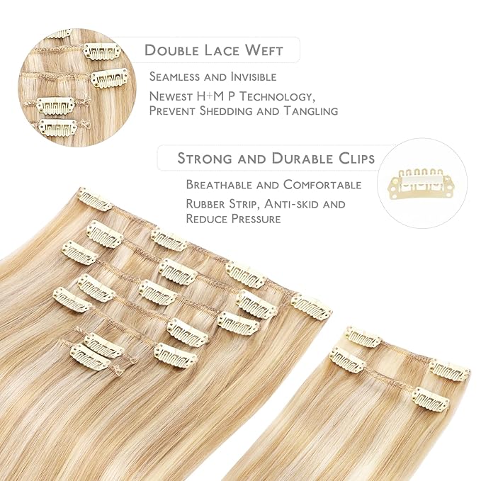 WENNALIFE Hair Extensions Clip In, 9pcs 16inch 150g Dirty Blonde Highlighted Bleach Blonde Thicker Clip In Hair Extensions Real Human Hair Remy hair extension Double Weft Clip in Human Hair Extensions