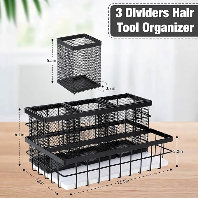 1 Pcs Hair Tool Organizer Countertop Breathable Metal & Bamboo Hot Tools Organizer Under Sink Bathroom Hair Dryer Holder Countertop Brush Comb Holder,makeup tray (White Bamboo,Black)