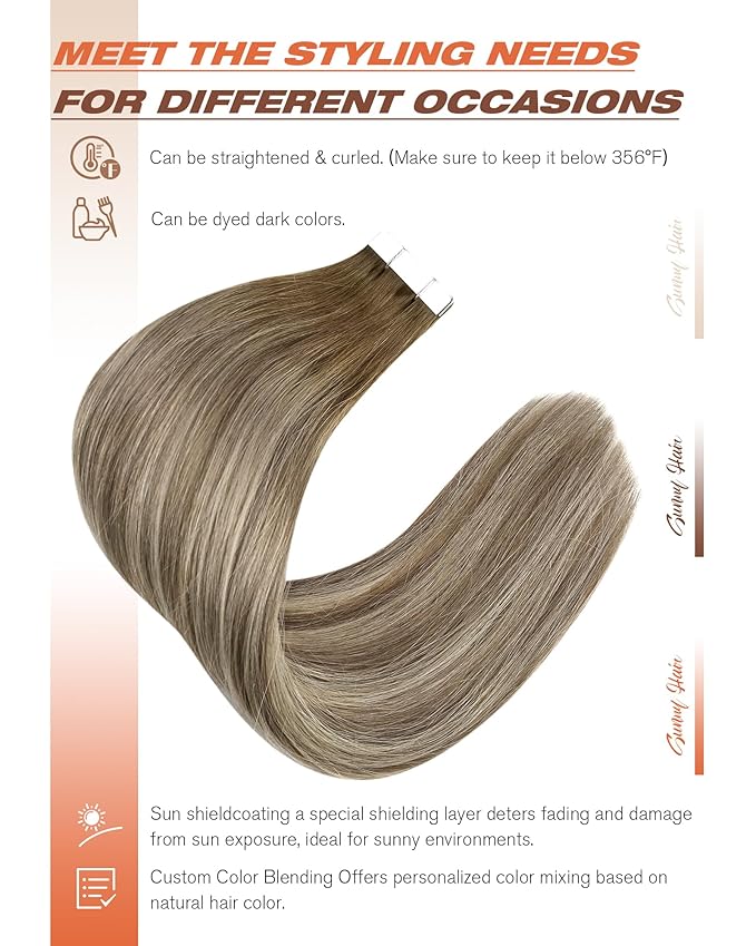Sunny Hair Tape in Hair Extensions Real Human Hair Invisible Remy Hair Extensions Tape ins for Women Cool Brown to Light Brown Highlight Medium Blonde Balayage 20 inch 20Pcs 50G