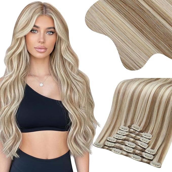 Moresoo Clip in Hair Extensions Remy Double Weft Human Hair Clip in Extensions Straight Hair Extensions for Women Light Brown Highlights with Blonde 7pcs 150g 24inch