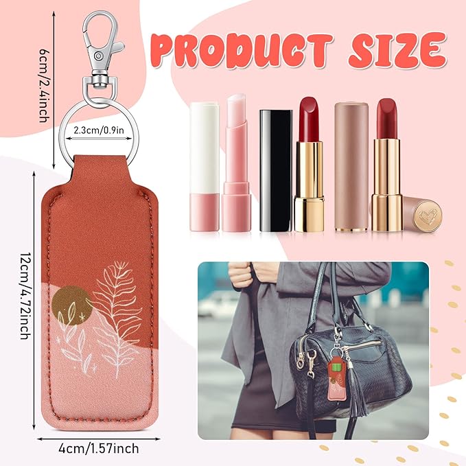 6 Pcs Boho Lip Balm Sleeve Keychain Lipstick Holder Key Chain with Portable Clip Lip Gloss Pouch Keychain for Women Graduation Travel Accessory Stocking Stuffers Gifts