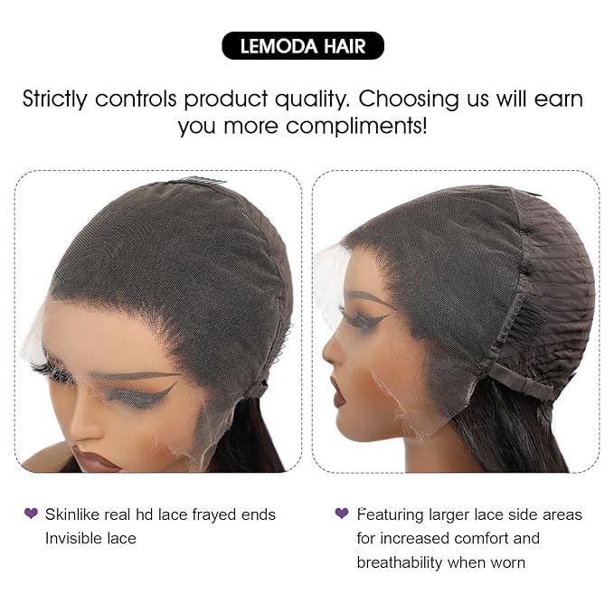 Lemoda Full 13x6 SKINLIKE Real HD Lace Frontal Wigs 210% Density 24Inch 15A Straight 13x6 Full Lace Frontal Virgin Human Hair Wigs Invisible 0.1mm Ultra-thin Knots Frayed Ends Lace Wig Pre plucked
