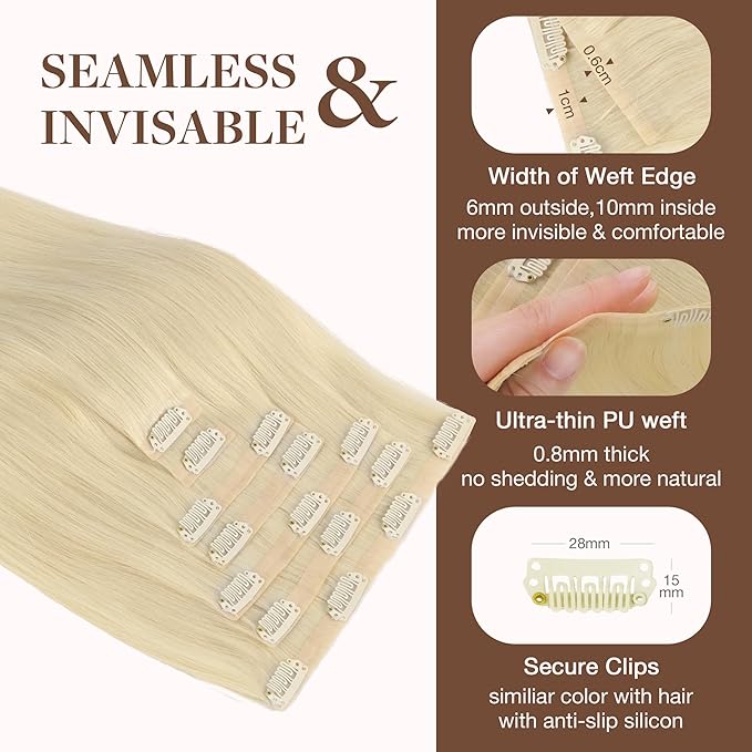 GOO GOO Clip in Hair Extensions Real Human Hair, Remy Human Hair Extensions Clip ins for Women, Natural Human Hair, 20inch 150g 7Pcs, 60A Platinum Blonde