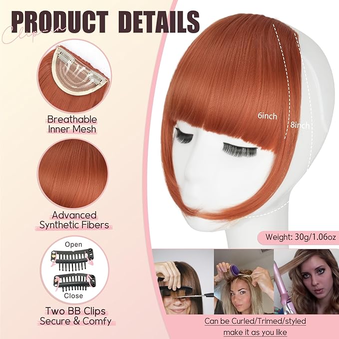 Clip in Bangs, Synthetic French Bangs Hair Clip, Copper Red Fake Bangs Fringe with Temples Hairpieces for Women Natural Curved Hair Extensions for Daily Wear