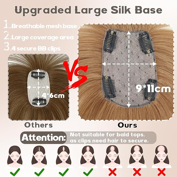 Hair Toppers for Women Real Human Hair-U Shape Toppers Hair Pieces for Women with Thinning Hairr 150% Density Silk Base Clip in Human Topper with Bangs for Daily Use(Light Brown-6#