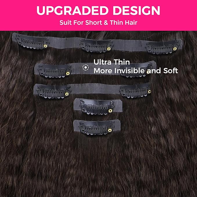 Lashey Seamless Clip in Hair Extensions Human Hair #2 Dark Brown Kinky Straight Clip in Hair Extensions Real Human Hair 7pcs 110g 20 Inch PU Weft Natural Hair Extension for Women