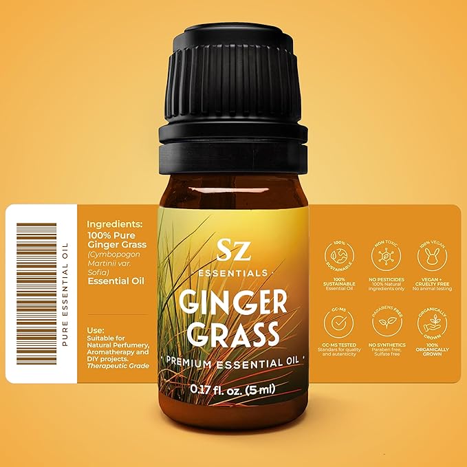 – Ginger Grass Essential Oil – 100% Pure & Undiluted (Cymbopogon martinii VAR. Sofia)– Fresh Citrusy Earthy Aroma – Aromatherapy, Perfumery, Skin Care – Therapeutic Grade - 1/6 oz. 5 mL