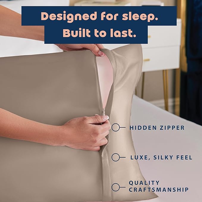 BLISSFORD Satin Pillowcase with Zipper, for Hair and Skin Care, Feels Soft and Cool Like a Silk Pillowcase, Satin Pillow Cases 2 Pack, Slik Pillow Cover, Pewter, Queen Size - Set of 2