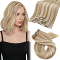 Moresoo Clip in Hair Extensions Brown with Blonde Highlights Remy Human Hair Clip in Extensions Medium Brown with Golden Platinum Blonde for Women Short 80g/5pcss 14 inch Double Weft