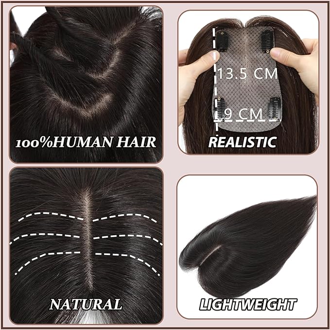 Hair Toppers for Women Real Human Hair, 360° 3D Human with Thinning Upgrade Middle Part Clip in Bangs Topper Hair Pieces for Women Daily (Light Brown, 16 Inch-3D-Side)
