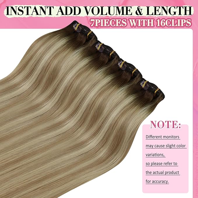 YoungSee Balayage Clip in Hair Extensions Invisible Clip in Hair Extensions Human Hair Walnut Brown Ombre Light Brown with Blonde Clip in Human Hair Extensions for Women 120G 16Inch