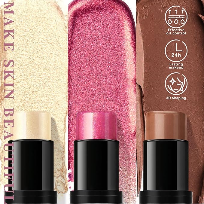 3Pcs Contour Highlighter Cream Blush Stick for Cheeks Eyes Lips Lightweight Dewy Finish Blush Stick Waterproof Long Lasting Contour Stick Trio Wand Face Makeup Set for Girls and Women (1+3+4)