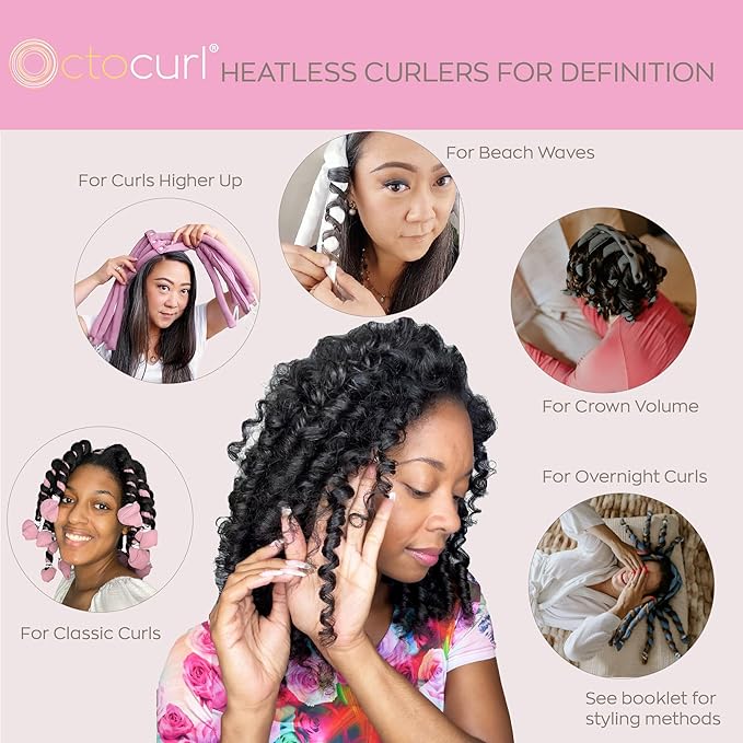 Octocurl Heatless Hair Curler - No Headband Octopus Curler - Overnight Curls for Medium Length Hair (Satin - Pink)
