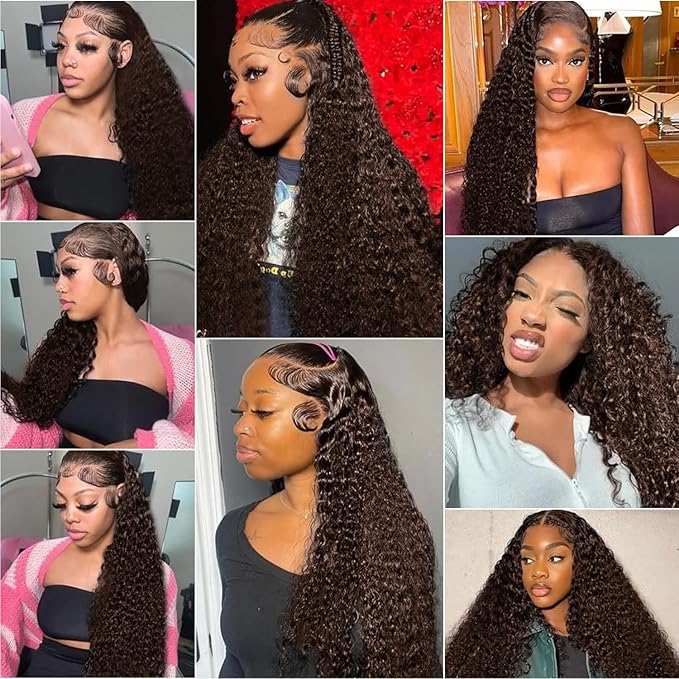 13x6 Deep Wave Lace Front Wigs Human Hair Chocolate Brown 210 Density HD Lace Front Wigs Human Hair Curly Wig Pre Plucked Human Hair Glueless Frontal Wigs with Baby Hair 32Inch