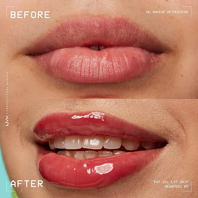 NYX PROFESSIONAL MAKEUP Fat Oil Lip Drip, Moisturizing Lip Oil Gloss, Vegan Tinted Formula, Up to 12 HR Hydration - Newsfeed (Rose Nude)