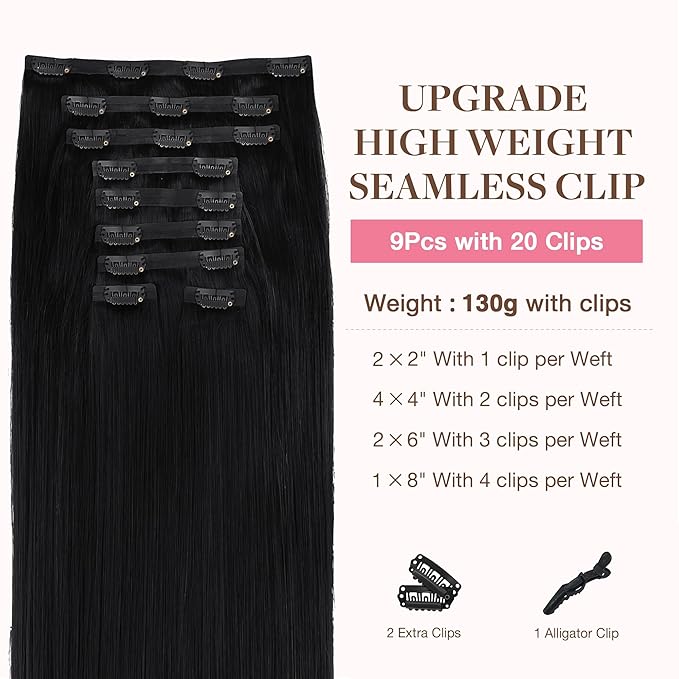 GOO GOO Clip in Hair Extensions Real Human Hair, Remy Human Hair Extensions Clip ins for Women, Natural Human Hair, 22inch 200g 9Pcs, #1 Jet Black