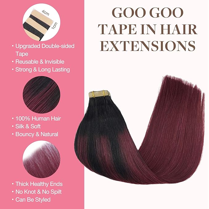 GOO GOO Tape in Hair Extensions Human Hair, 1/99 Balayage Jet Black to Red, 16inch 50g 20pcs, Thick Ends Straight Seamless Tape in, Invisible Tape in Hair Extensions Human Hair