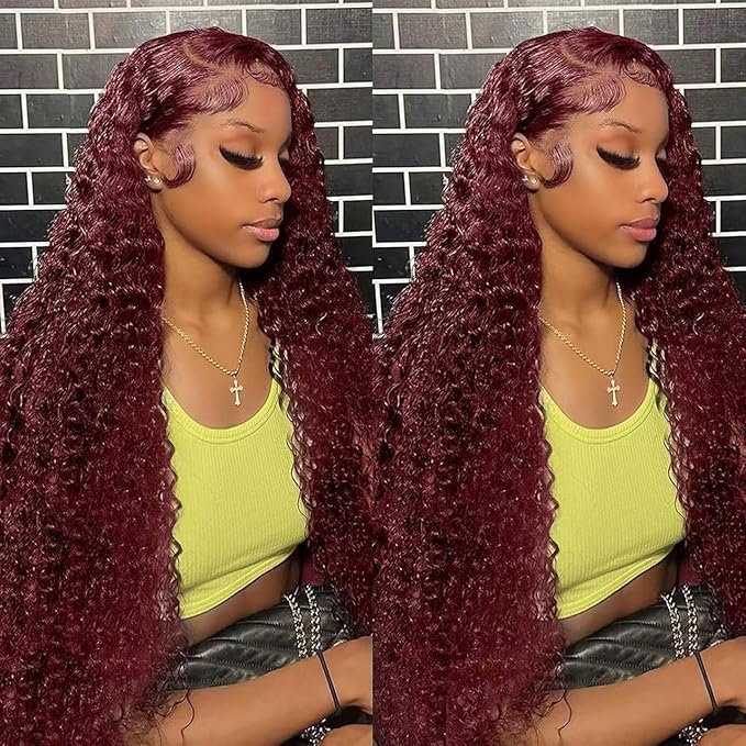 99J Burgundy 13x6 Lace Front Wigs Human Hair 28 Inch Red Burgundy Wig 200% Density Deep Wave Lace Front Wigs Human Hair Pre Plucked Glueless Lace Frontal Wigs for Women