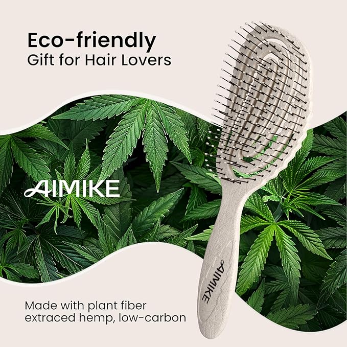 AIMIKE Hemp-Relax Detangler Hair Brush, Eco-Friendly Detangling Brush for Wavy Straight Hair, Vented Hairbrush w/Soft Bristles, Glide Through Tangles with Ease for Women, Kids, Wet & Dry Hair