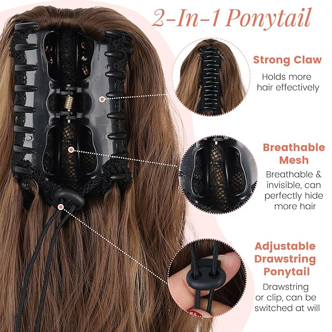 18" Ponytail Extension, Claw Clip Ponytail Extensions for Women Wavy Pony Tails Hair Extensions Fluffy Natural Looking Synthetic Hairpiece for Daily Use (Light Brown Mixed Honey Gold)