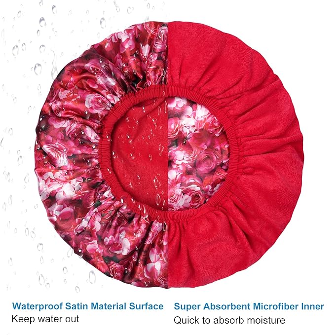 Upgraded Waterproof Terry Shower Caps, Reusable Shower Cap for Women with Long Hair, Soft Absorbent Hair-Protecting Towel Lining Bath Cap, Large Leak-Proof Hair Cap with Fashionable Print Outer-Red