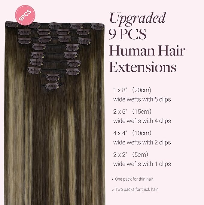 GOO GOO Clip in Hair Extensions Real Human Hair, Remy Human Hair Extensions Clip ins for Women, Natural Human Hair, 24inch 150g 9Pcs, #4/26/4 Balayage Chocolate Brown to Honey Blonde