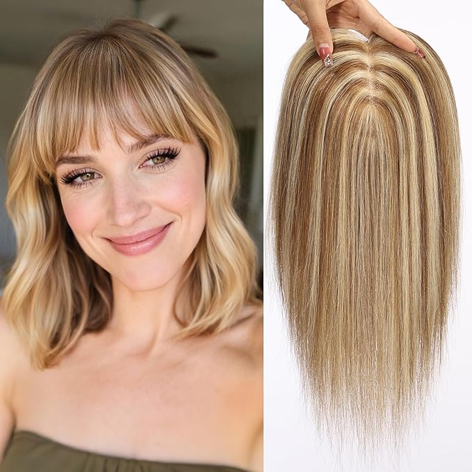 HAIRCUBE Hair Toppers For Women With Thinning 5"*5" Large Base Real Hair Toppers For Women, 14 Inch For Hand-Woven, 60g, Silk, Natural, Realistic, Use Daily, Hairloss, Brown Mixed Blonde, with bangs