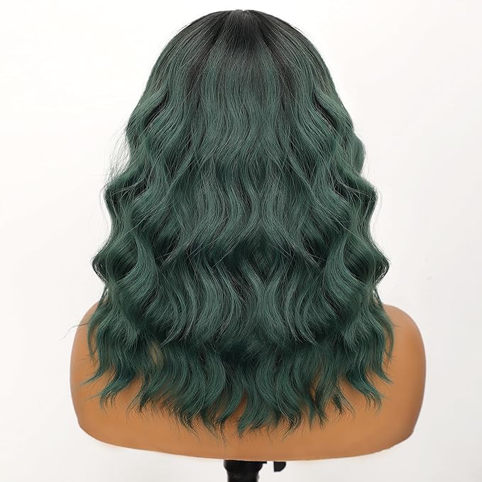 Nnzes Ombre Green Wigs with Bangs for Women Short Bob Synthetic Wigs Shoulder Length Wavy Heat Resistant Hair for Daily Party Use
