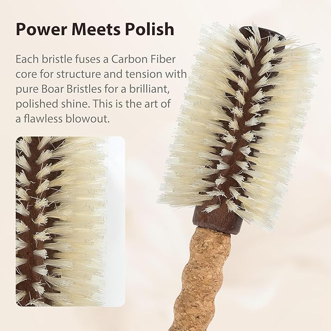 Professional Boar Bristle Round Brush for Blow Drying | 2.75" Large Volume Barrel | Ultra-Light Cork Handle | Volumizing & Smoothing Tool for Fine, Thin Hair | Salon Blowout Results