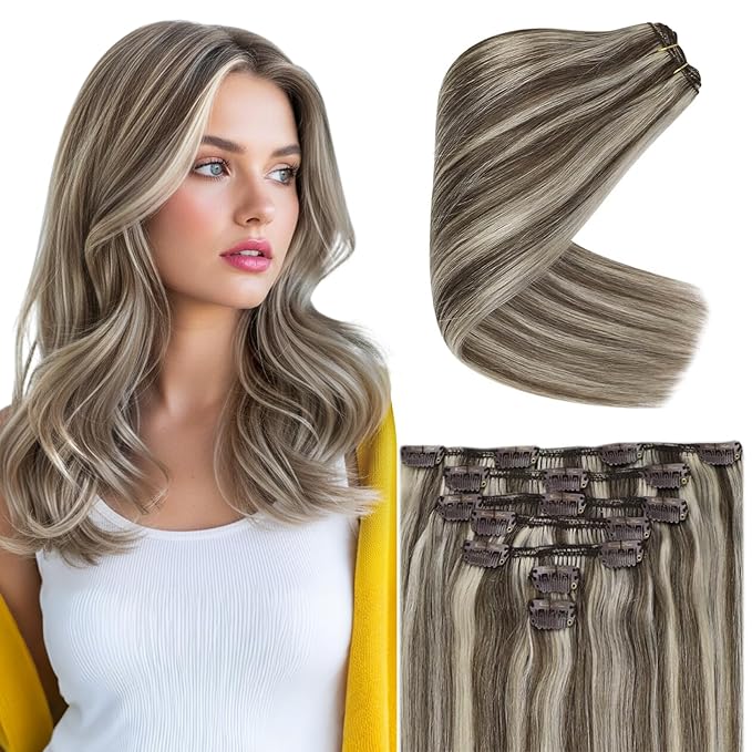 Ve Sunny 24 inch Hair Extensions Clip in Real Human Hair Light Brown Highlight Platinum Blonde Hair Extensions Clip ins Remy Straight Human Hair for Women 7pcs 120g