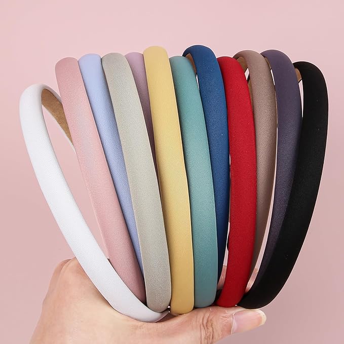 XIMA Solid Fabric Headbands for Women and Girls, 10mm Soft Satin Thin Non-Slip Hairbands, Set of 12