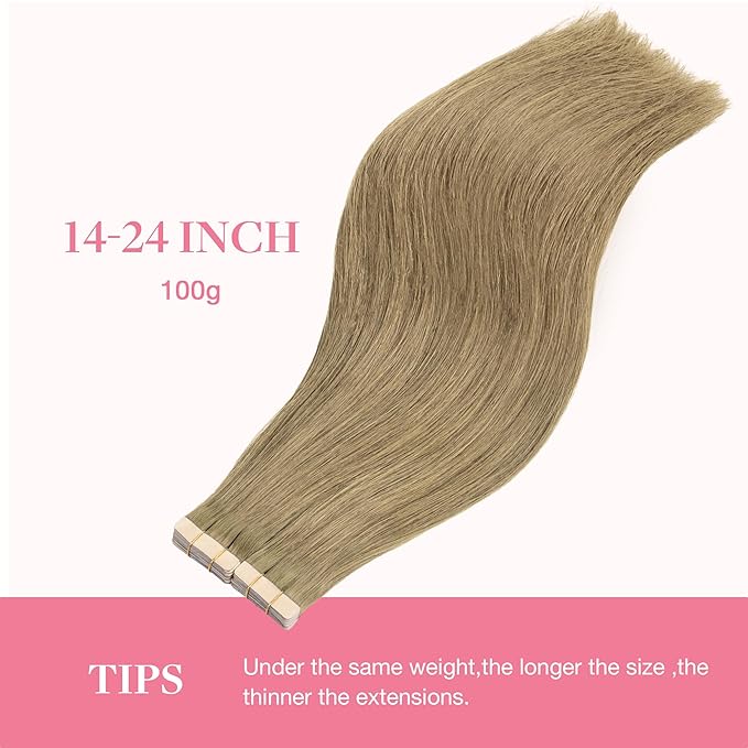 GOO GOO Tape in Hair Extensions Human Hair, 7 Bronde, 16inch 100g 40pcs, Skin Weft Seamless Invisible, Silky Straight with Thick Ends, Remy Human Hair