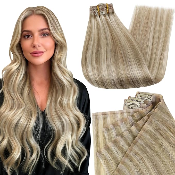 Full Shine Clip in Hair Extensions 18 inch 140g 8Pcs Golden Blonde Mix Light Blonde Natural Seamless Hair Extension for Women Add Volume