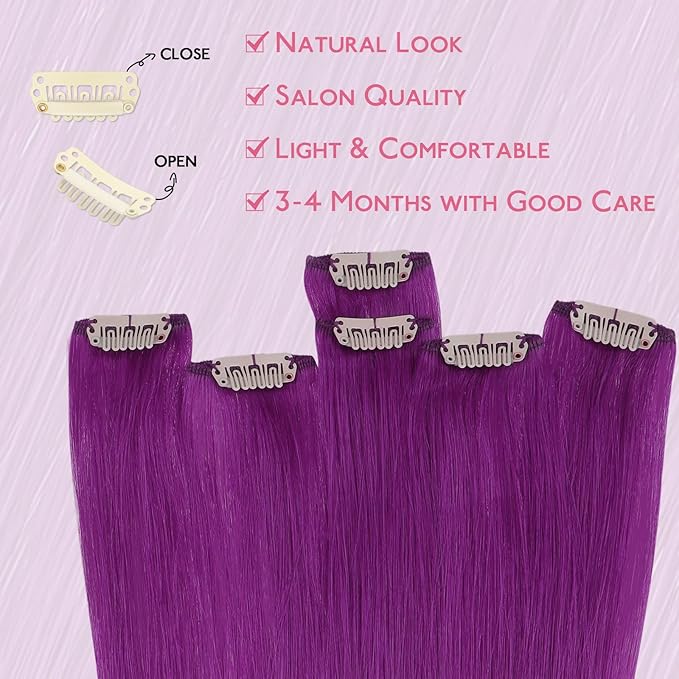 WENNALIFE Purple Clip in Hair Extensions Real Human Hair 35g 6pcs 22 Inch Colored Hair Extensions for Kids Women Colorful Hair Pieces Pop-up Style Straight Extensiones De Cabello Humano Con Clip