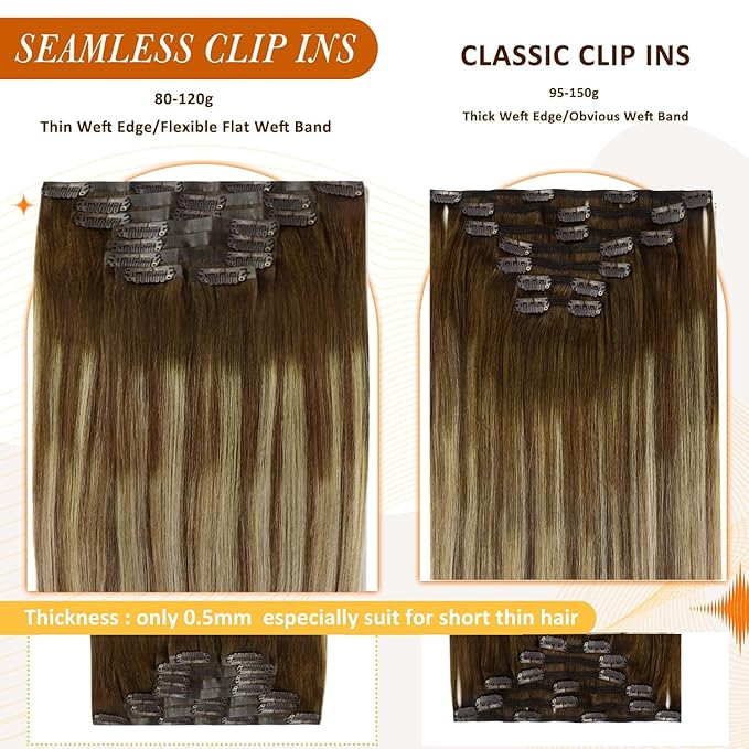 Full Shine Real Hair Extensions Clip in Human Hair Brown Balayage Seamless Clip in Hair Extensions Brown Ombre Platinum Blonde and Light Brown Remy Hair 18 Inch 8 PCS 120 G