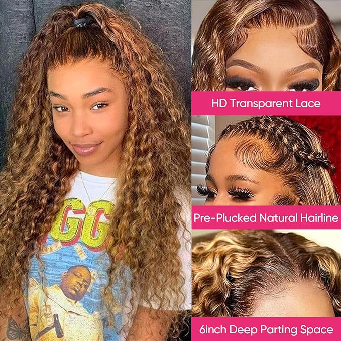 20 Inch Ombre Highlight Deep Wave Lace Front Wig Human Hair 13x6 HD Honey Blonde Lace Frontal Wigs 200 Density 4/27 Glueless Curly Wigs Human Hair For Women