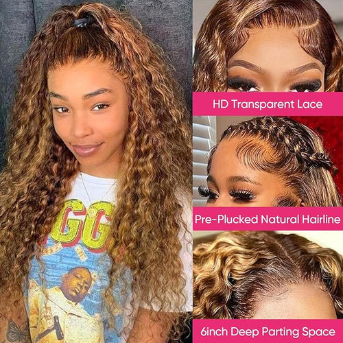 32 Inch Deep Wave Highlight Wig Human Hair 200% Density Honey Blonde 13x6 HD Transparent Lace Front Wigs Human Hair 4/27 Colored Ombre Curly Lace Frontal Wigs For Women