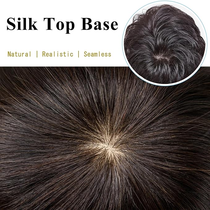Short Human Hair Topper for Women with Hairloss,Invisible Clip in Texture Wavy Topper Hairpiece with Large Mesh 6.3x7 Ins and Silk Top Base Natural Fluffy Wiglet Hairpiece Dark Brown