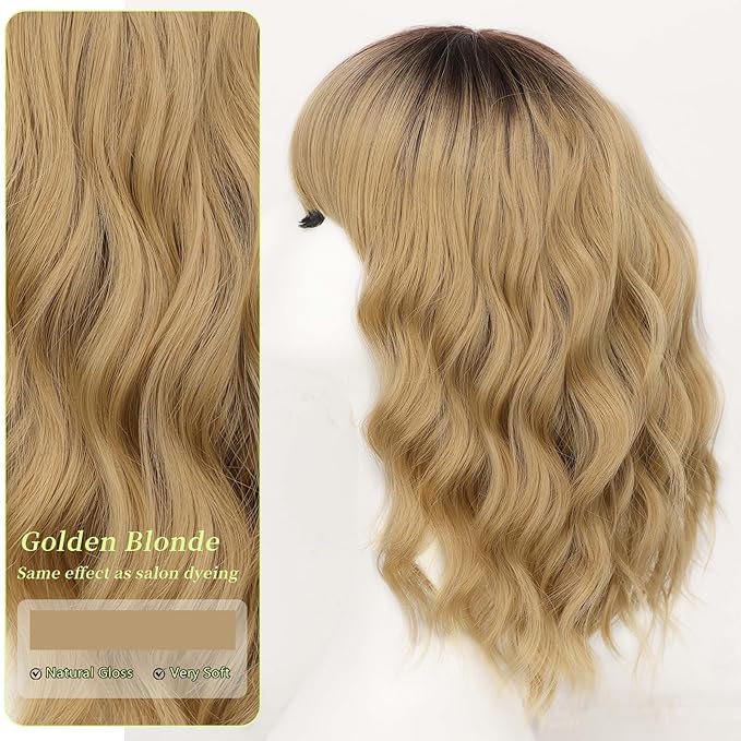 AISI HAIR Curly Bob Wig with Bangs Short Wavy Golden Blonde with Darker Roots Wigs for Women Bob Style Synthetic Heat Resistant Bob Wigs