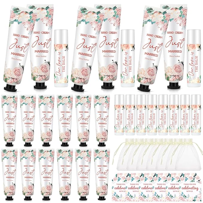 25 Set Wedding Lip Balms and Hand Cream Gift Set Include 25 Moisturizing Hand Care Cream 25 Lip Balms with Thank You Cards and Bags Bridesmaid Gift Set for Bridal Shower Wedding(Floral)